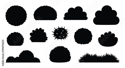 Collection of various bush and tree shapes in black silhouette