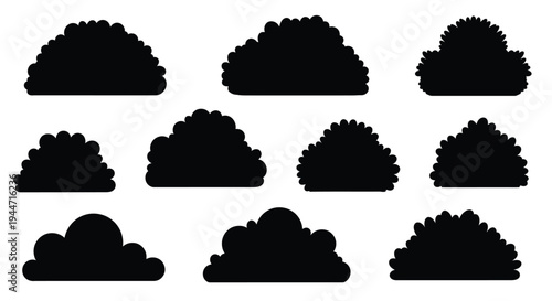 Collection of black cloud shapes against a white background silhouette