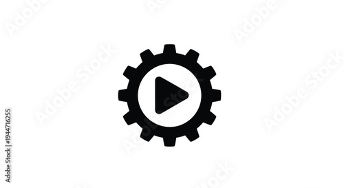 Black gear with play button inside minimalist design silhouette