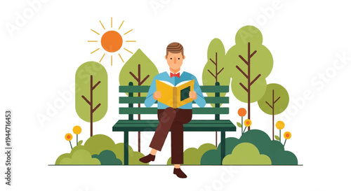 Man reading book on park bench under sunny day illustration