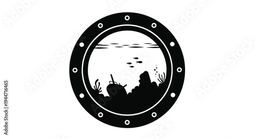 Underwater scene viewed through a porthole a dramatic silhouette