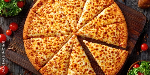 Whole pizza with melted cheese sits on wooden board with tomatoes and salad.