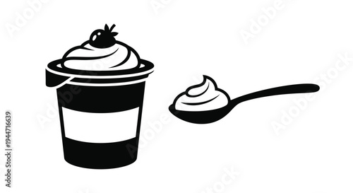 Black and white illustration of yogurt and spoon stylized silhouette