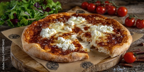 Delicious pizza with melted cheese and fresh greens served on a wooden board.