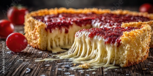 Deep dish pizza with melted cheese oozes over wooden table.