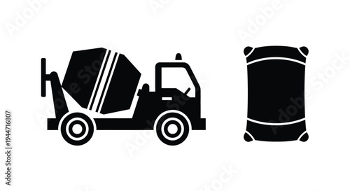 Concrete mixer truck and cement bag graphic in stark silhouette