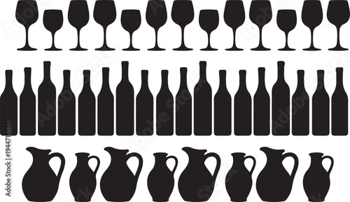 Elegant collection of various wine glasses bottles and pitchers for drinkware and kitchen concepts
