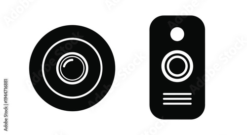 Two security cameras depicted in a simple black silhouette