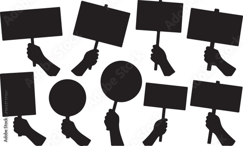 Human hands holding blank rectangular and circular signs for protests or messages