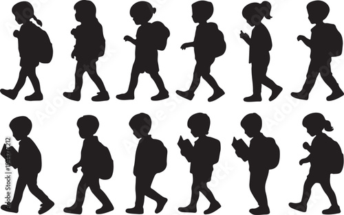 Silhouettes of Young Children Walking with Backpacks and Reading Books