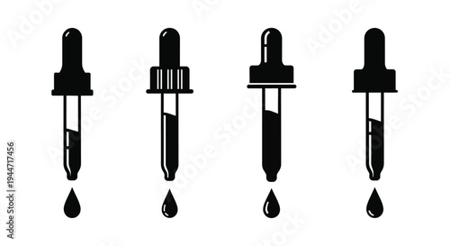 Four dropper bottles displayed in a simple black silhouette