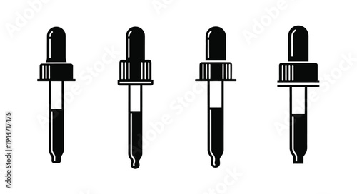 Four black dropper bottles arranged in a simple stark silhouette