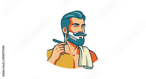 Stylized barber shaving beard illustration on white background
