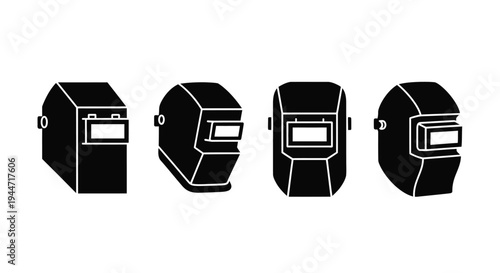 Four distinct welding helmet designs presented in black silhouette