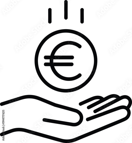 EURO Currency Coin Falling into Human Hand Line Art Illustration