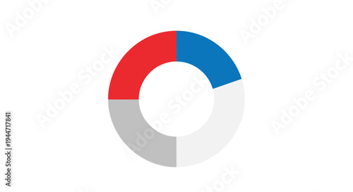 A four-segment donut chart, colored red, blue, light gray, and white, is prominently displayed on a pure white background.