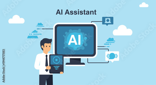 A cartoon man holds a tablet next to a large computer monitor displaying AI with chat bubbles and clouds in a light blue setting.