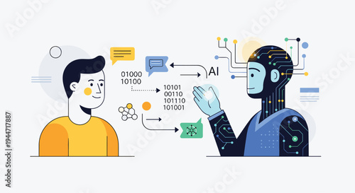 A cartoon man interacts with a humanoid robot head, exchanging binary code and chat bubbles on a light grey textured background.