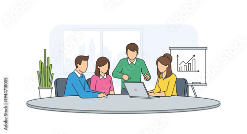Four cartoon business professionals are seated around an oval conference table in an office, with one man pointing at a laptop while a woman types, and a whiteboard with a chart in the background.