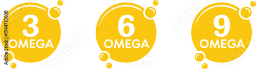 OMEGA 3 6 9 Fatty Acid Supplement Icons with Yellow Circles and Oil Bubbles