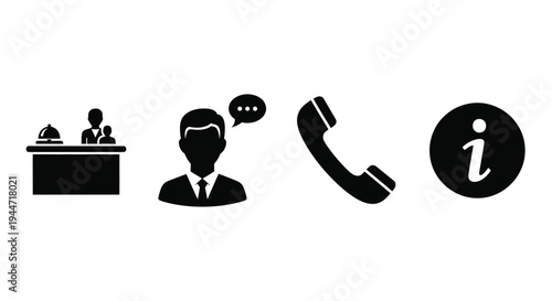 Hotel reception icons depicting service and information as a silhouette