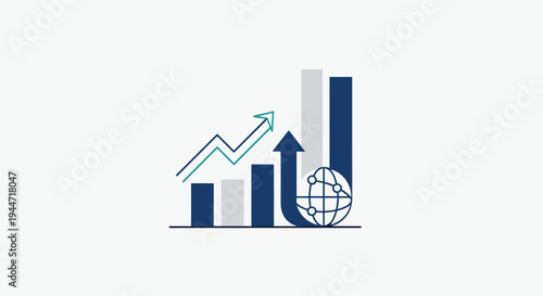 A minimalist digital illustration displays a bar chart with an upward-trending line graph, featuring a blue globe icon integrated into one of the bars on a clean white background.