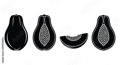 Papaya fruit in various stages of cutting a black silhouette