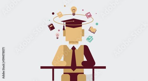 A blocky, faceless student wearing a graduation cap sits at a desk while books and glowing lightbulbs orbit around their head.