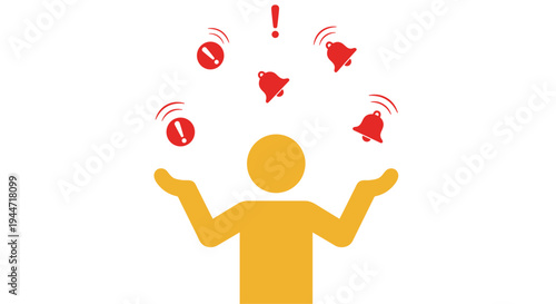 A minimalist yellow human silhouette stands juggling multiple red ringing bells and exclamation marks against a stark white background.