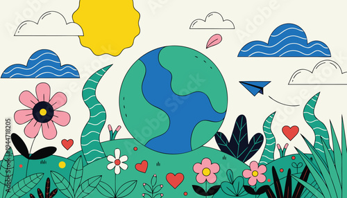 Colorful Earth Surrounded By Flowers Hearts And Clouds earth globe green and blue planet