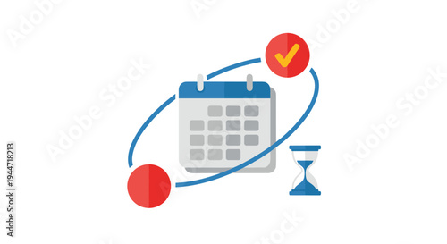 A light blue calendar with white squares, a white envelope, a blue hourglass, two red circular nodes, and a red checkmark are connected by a blue orbital line on a clean white background.