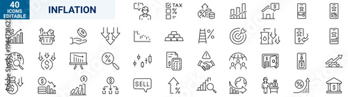 Inflation web icons in line style. Crisis, economic, unemployment, hyperinflation, inflation rate, scarcity, price increase, money, investment, depreciation, energy, transportation