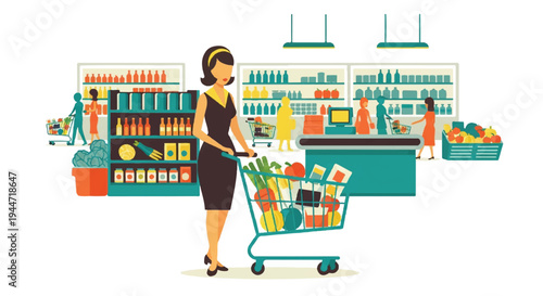 Woman shopping in supermarket cart with groceries illustration