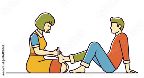 Woman providing foot care to man illustration