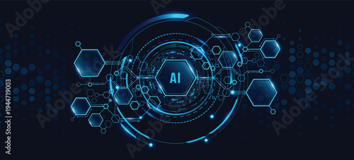 AI technology background with blue glowing hexagon circuit
