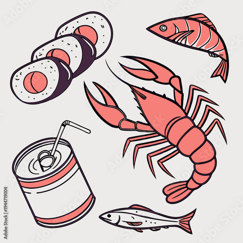 Hand-drawn seafood elements including crab, shrimp, sushi, and canned fish on a light grey background, representing seafood cuisine. Vector .