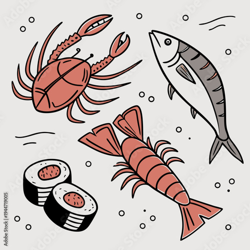 Hand-drawn seafood elements including crab, shrimp, sushi, and canned fish on a light grey background, representing seafood cuisine. Vector .