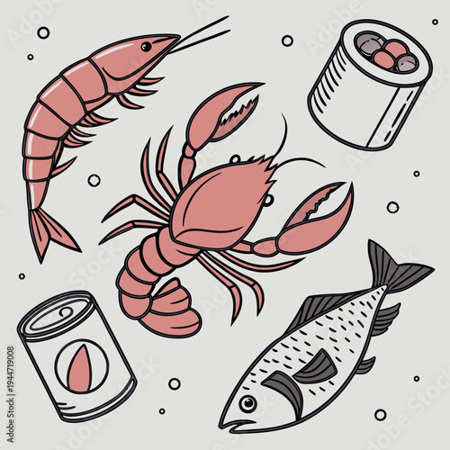 Hand-drawn seafood elements including crab, shrimp, sushi, and canned fish on a light grey background, representing seafood cuisine. Vector .