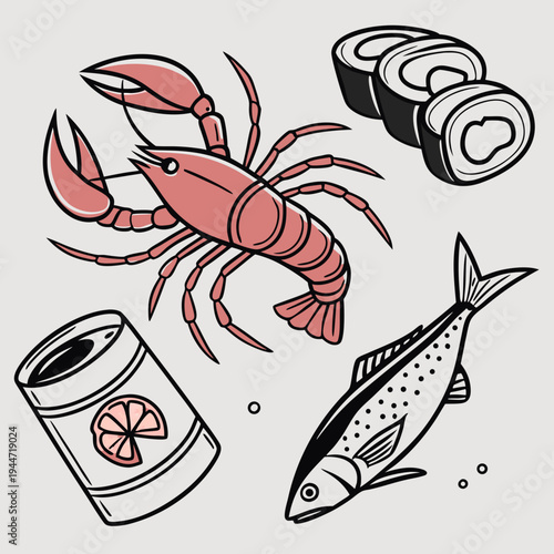 Hand-drawn seafood elements including crab, shrimp, sushi, and canned fish on a light grey background, representing seafood cuisine. Vector .