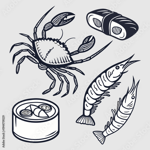Hand-drawn seafood elements including crab, shrimp, sushi, and canned fish on a light grey background, representing seafood cuisine. Vector .