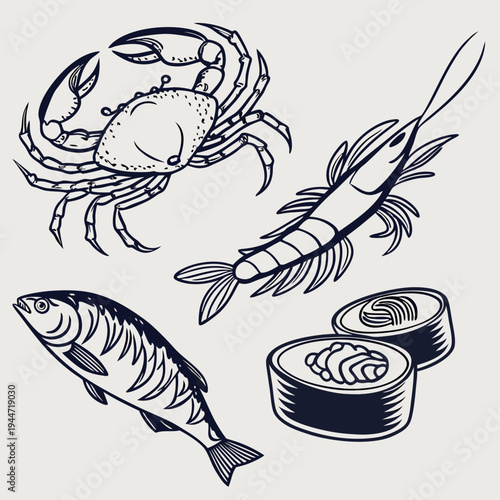Hand-drawn seafood elements including crab, shrimp, sushi, and canned fish on a light grey background, representing seafood cuisine. Vector .