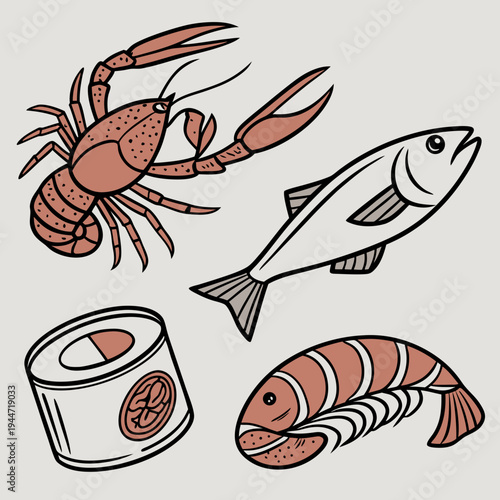 Hand-drawn seafood elements including crab, shrimp, sushi, and canned fish on a light grey background, representing seafood cuisine. Vector .