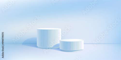 Blue bg limbo, 3d podium product sale. Round ribbed base box stage, Discount giveaway light cylinder platforms. Cosmetic stand display, winner sky studio pedestal. Abstract vertical line elegant stair