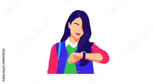 Young Woman Looking at Smartwatch, Checking Time, Modern Lifestyle Illustration