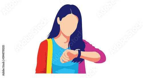 Woman checking smartwatch, modern technology, colorful outfit, isolated on white