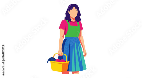 Woman Farmer Holding Basket of Produce, Vector Illustration, Flat Design