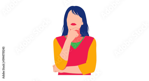 Woman thinking, holding chin, pondering, decision making, creative idea, isolated on white