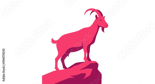 Pink Goat Silhouette Standing on Rock, Minimalist Vector Art