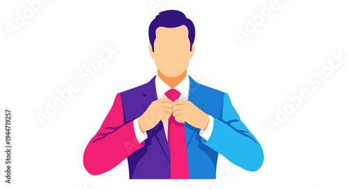 Man adjusting tie, modern vector illustration, business style, colorful suit