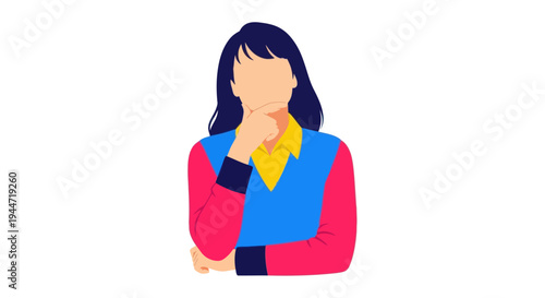 Woman thinking, contemplation, decision making, idea generation, isolated on white background